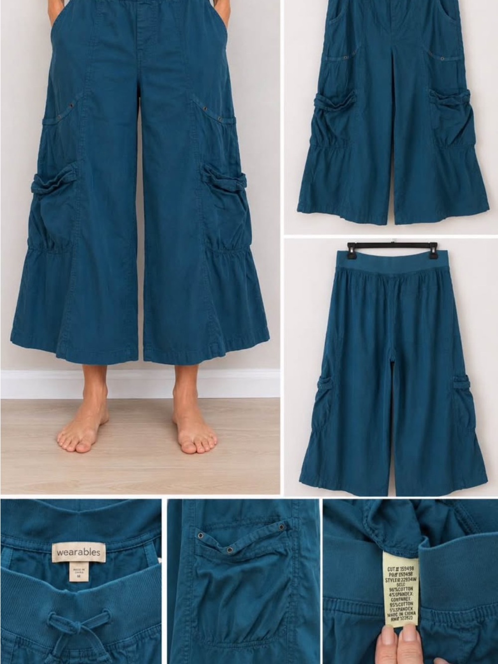 Wearables Teal Wide-Leg Cargo Pants for Women